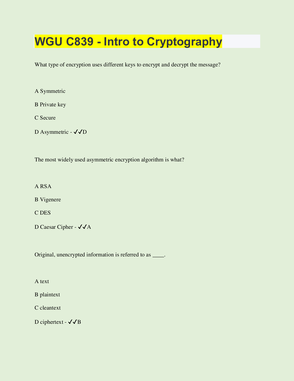 Preview of WGU C839 - Intro to Cryptography  | 293 Questions with 100% Correct Answers | Verified | L
